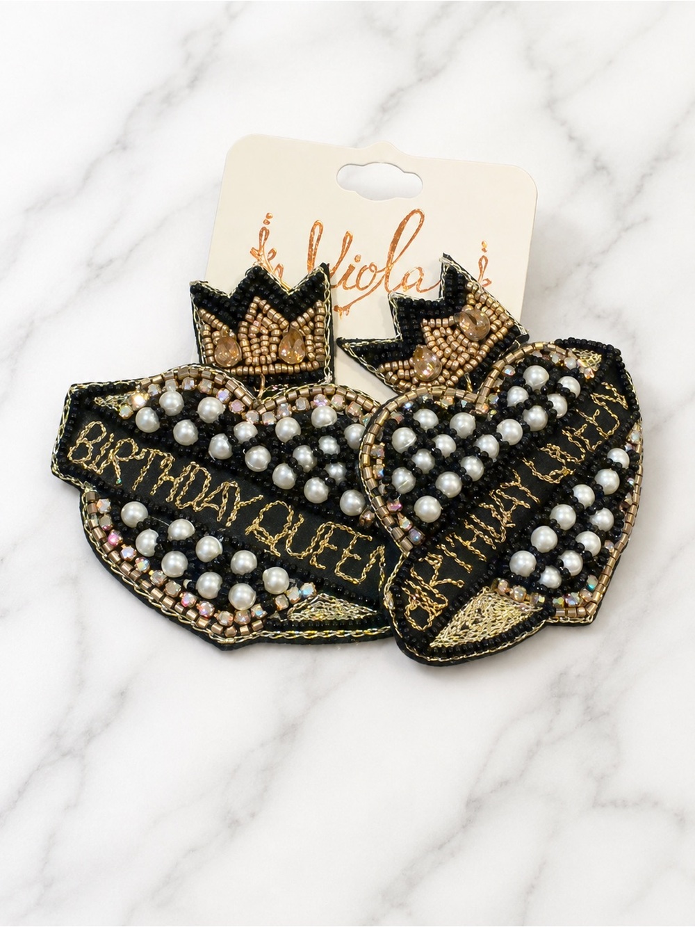 Viola Birthday Queen Statement Earrings Black Gold Pearl Beaded Crown NWT